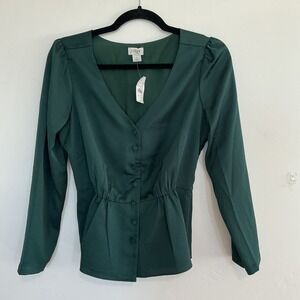 J Crew Emerald Green V Neck‎ Button Front Puff Sleeve Peplum Top Size 2